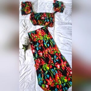 Red and Black Maxi Skirt Halter-Top Floral Set for Resort Tropical Wear Size S